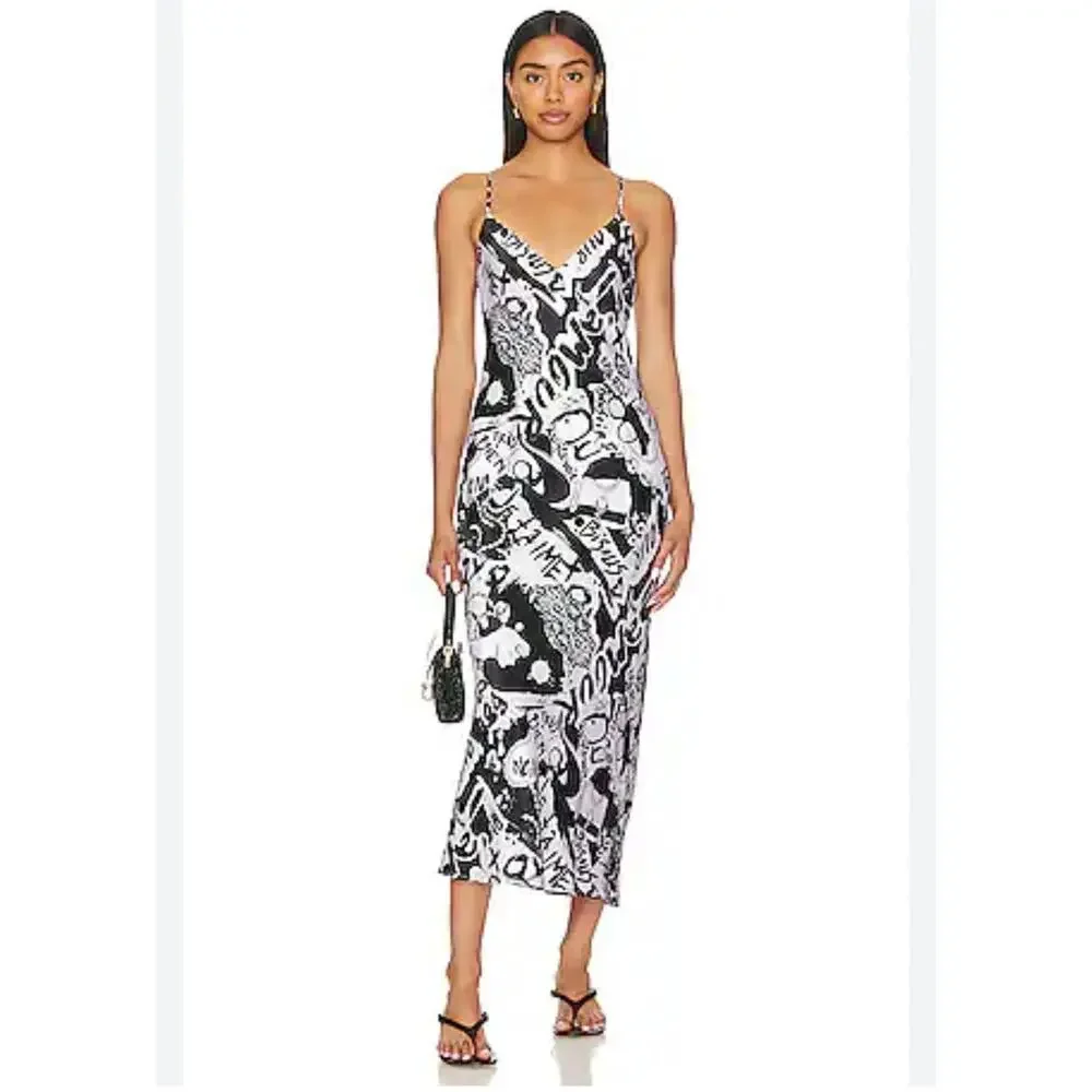 L'AGENCE Seridie Silk Midi Slip Dress - Black/White Graffiti size 10 (new) - Picture 4 of 8